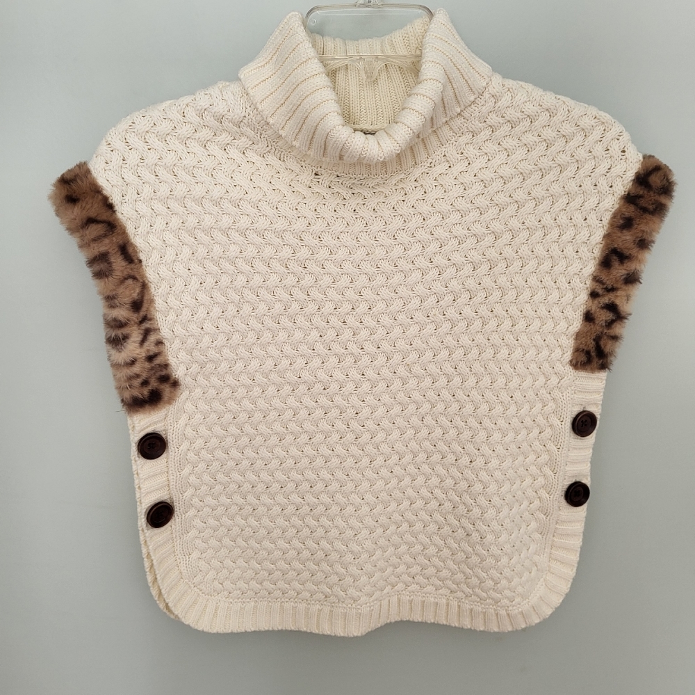 Aspen Kids Faux Fur Sleeveless Turtleneck Knit Poncho Sweater Ivory‎ Medium 7/8
